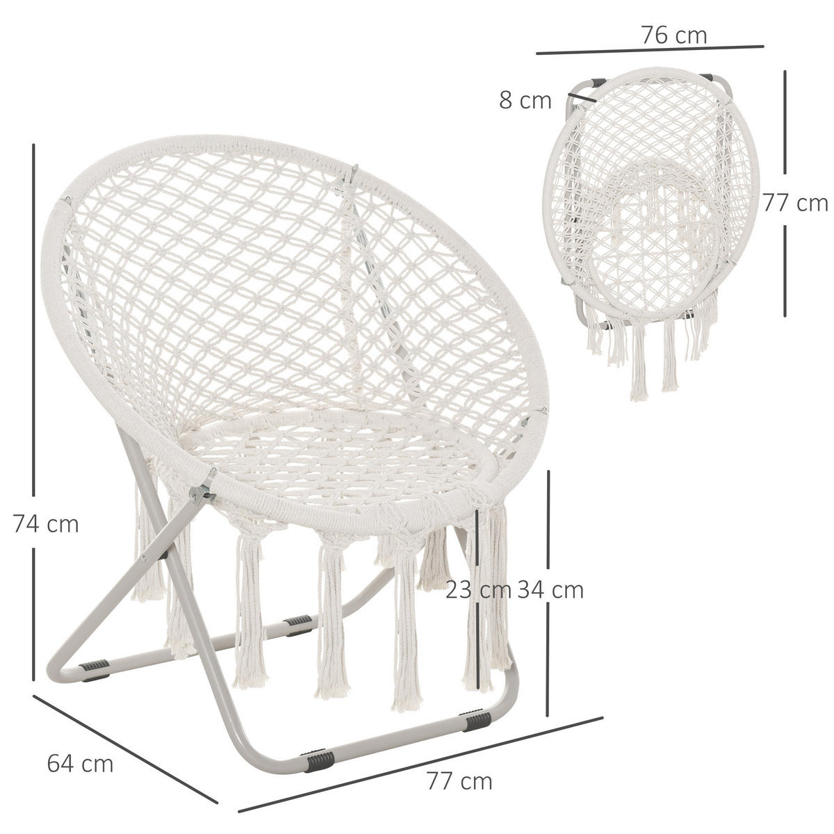 GARTENKLAPPSESSEL DE-17759 mit Makramee-Fransen Beige - Beige, Metall (64/74/77cm) - ComfortXL