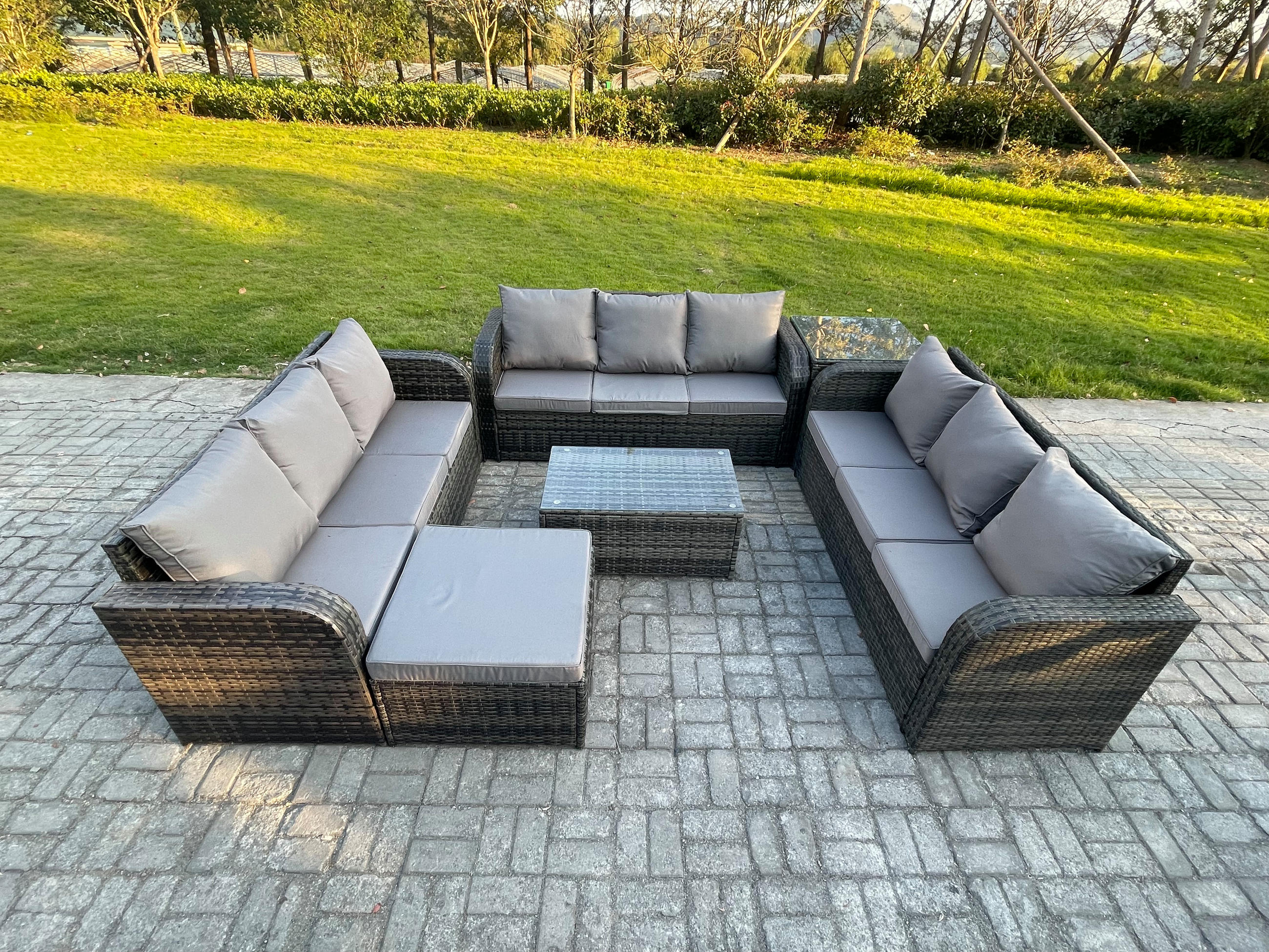 GARTENMÖBELGARNITUR mit KISSEN Polyrattan Dunkelgrau 10-Sitzer - Dunkelgrau/Grau, Glas/Kunststoff - Fimous