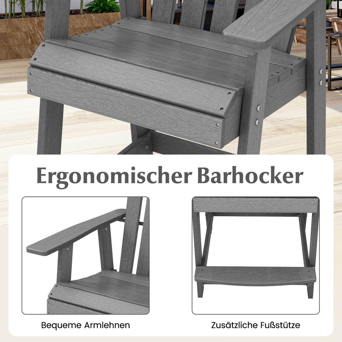 STUHL Hoher Adirondack Grau - Grau, Kunststoff (85/119/70cm) - COSTWAY