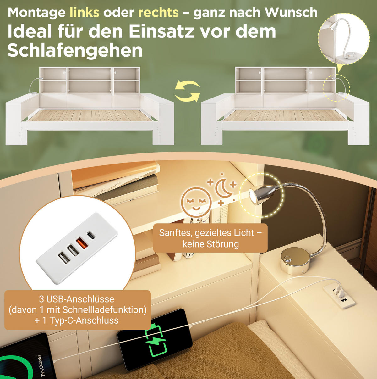JUGENDBETT Tagesbett 90/200 cm aus MDF und Sperrholz mit Ausziehbett Stauraum und USB-Anschlüssen Weiß - Weiß, Holzwerkstoff (90/200cm) - Modenvie