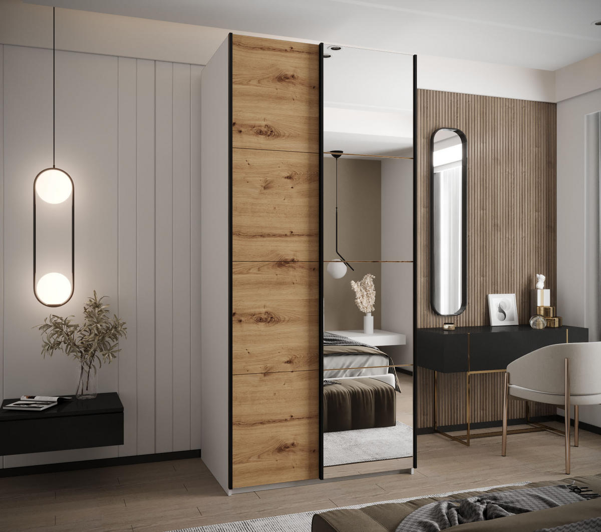 SCHWEBETÜRENSCHRANK 245,5/120/64 2-türig - Schwarz/Eiche Artisan, Holz/Metall (120/245/64cm) - Abiks Möbel