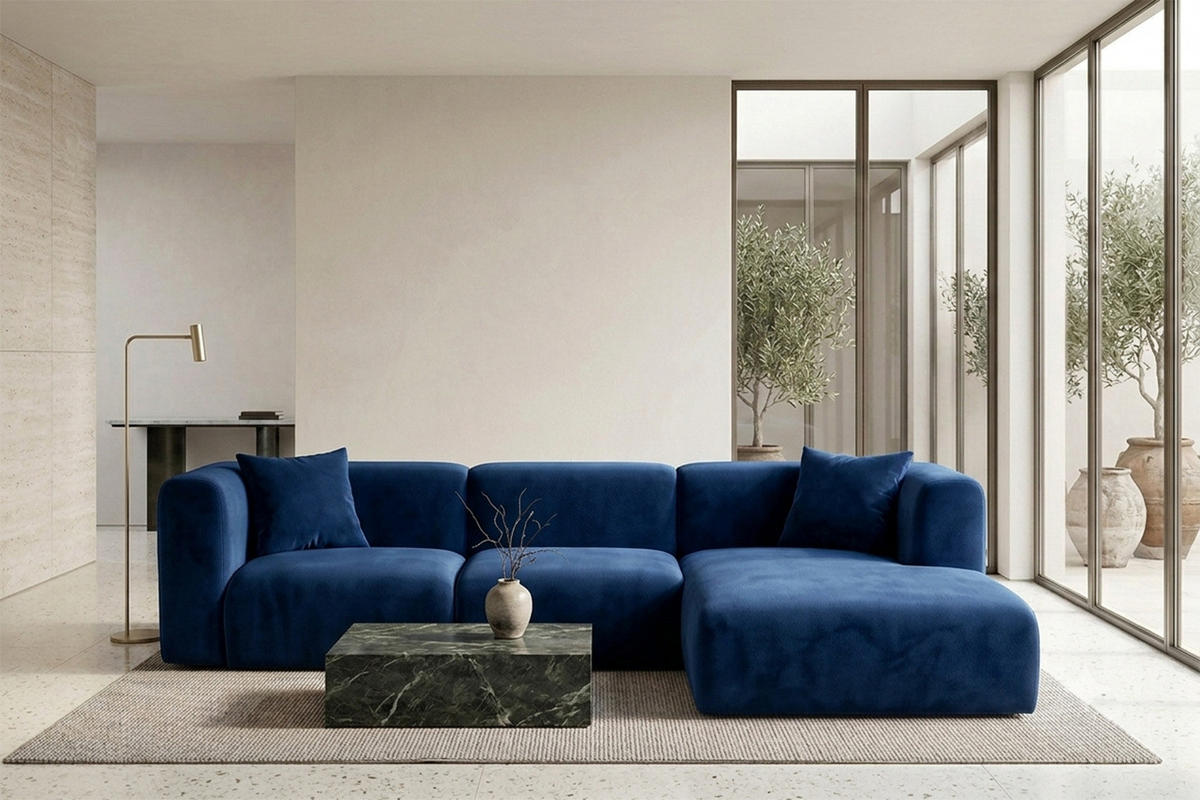 ECKSOFA L-Form, Velvet-Stoff Bluvel, Tintenblau, Rechts, GRETA - Blau, Holz (318/179cm) - Kaiser Möbel