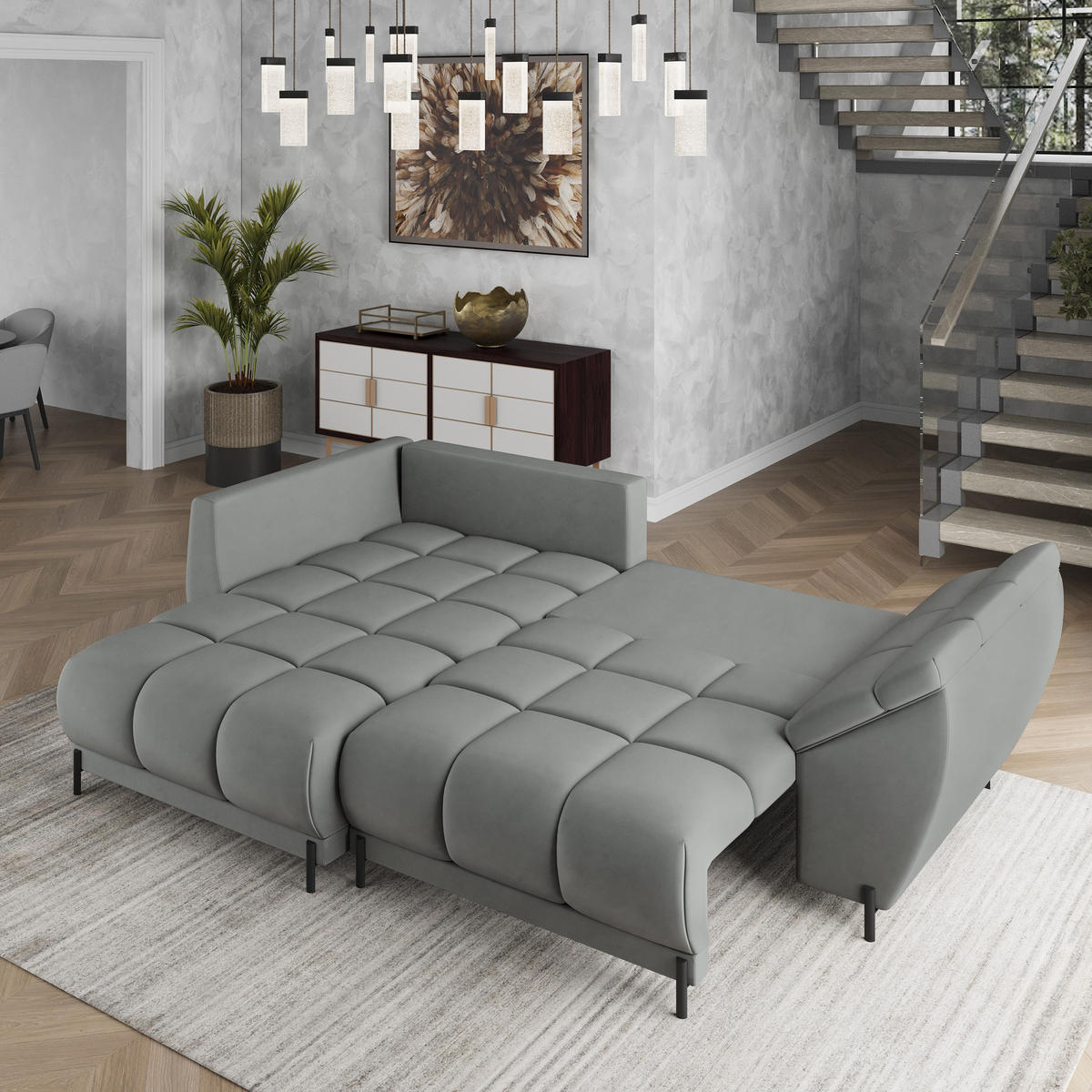 ECKSOFA VESTANO L-S Grau Velours-Stoff mit Schlaffunktion - Grau, Holz (287/182cm) - MASSENO