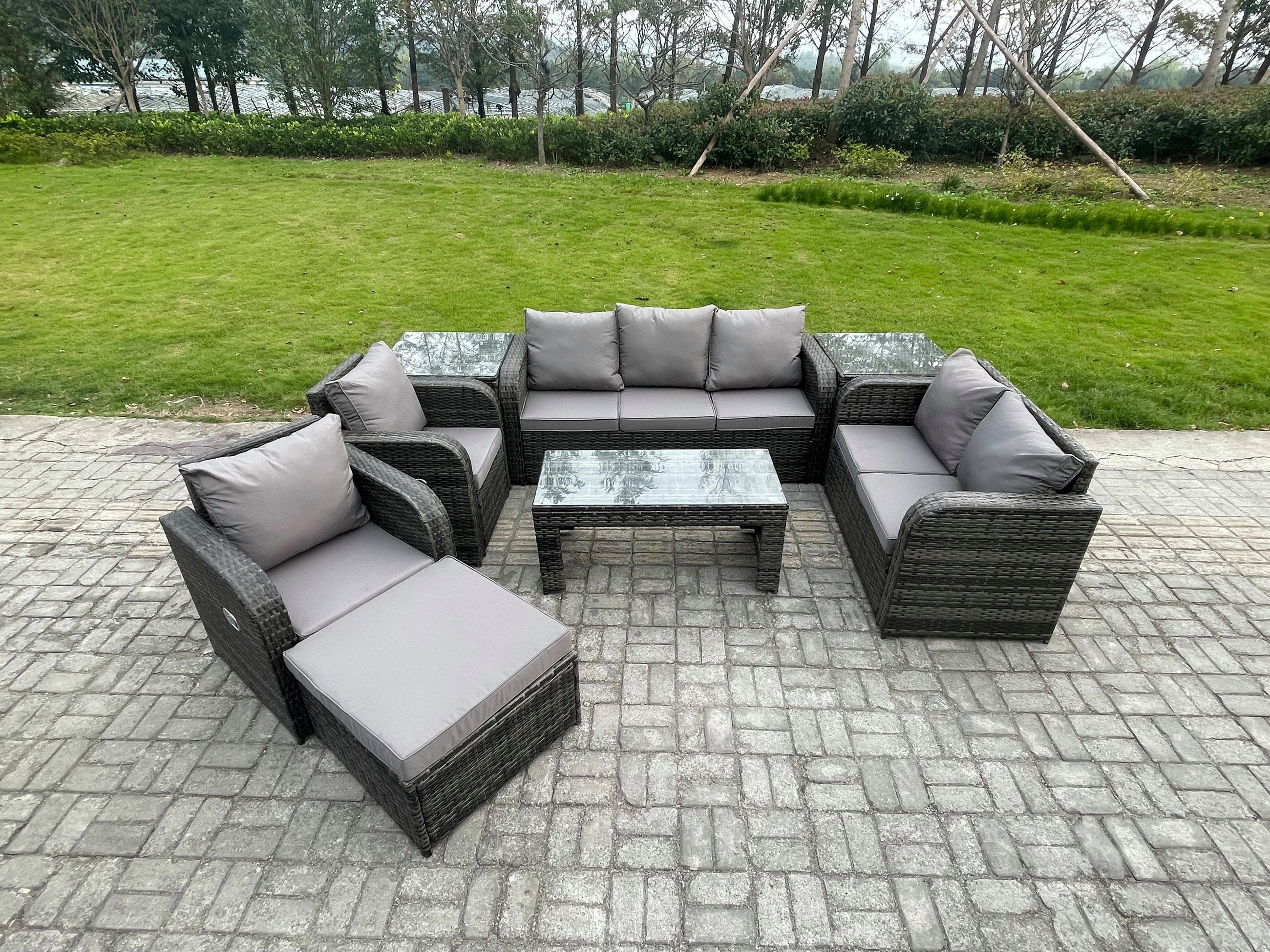 GARTENSOFA SET mit rechteckigem COUCHTISCH Polyrattan 8-Sitzer Dunkelgrau - Dunkelgrau/Grau, Glas/Kunststoff - Fimous