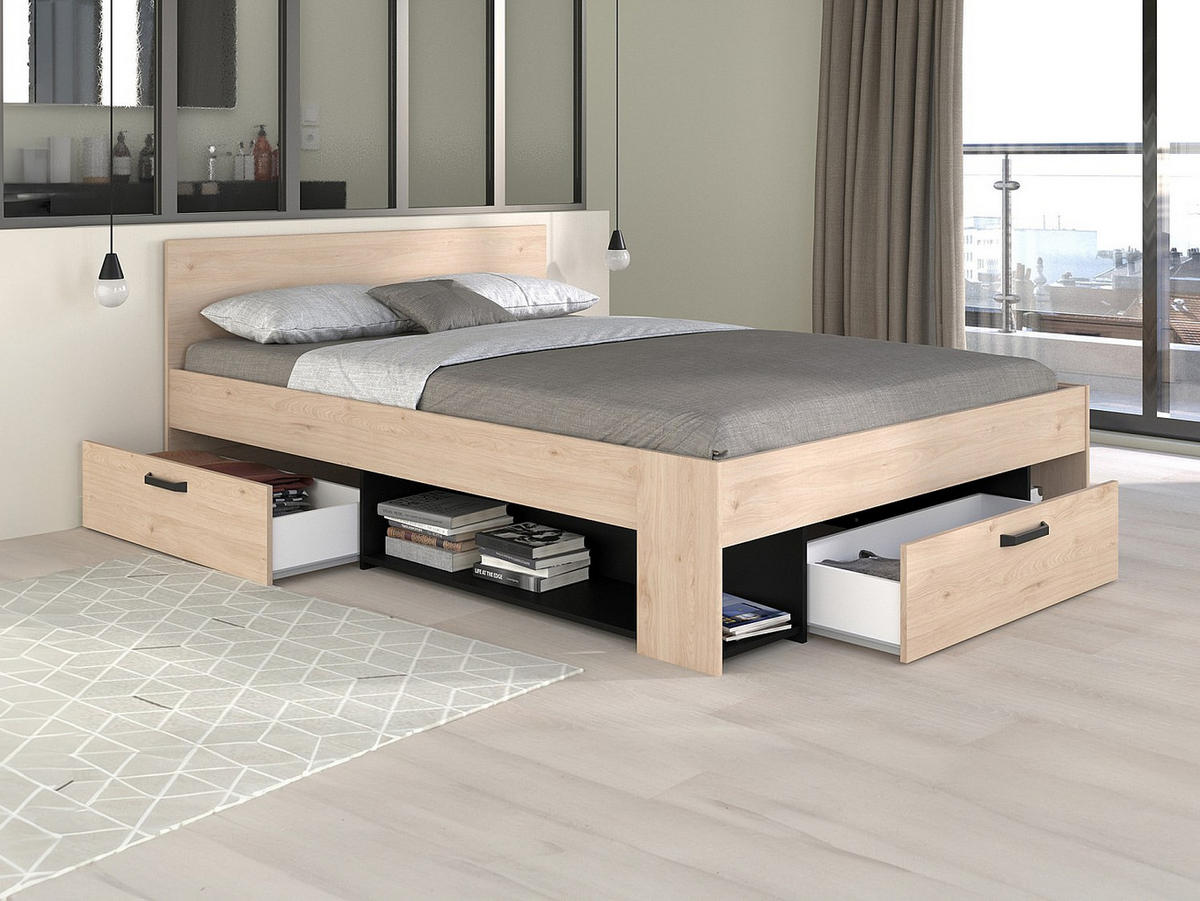 BETTRAHMEN - 2 Personen - holz - schwarz, naturfarben hell Kinselia - Schwarz/Naturfarben, Holz (140/200cm) - Vente-Unique