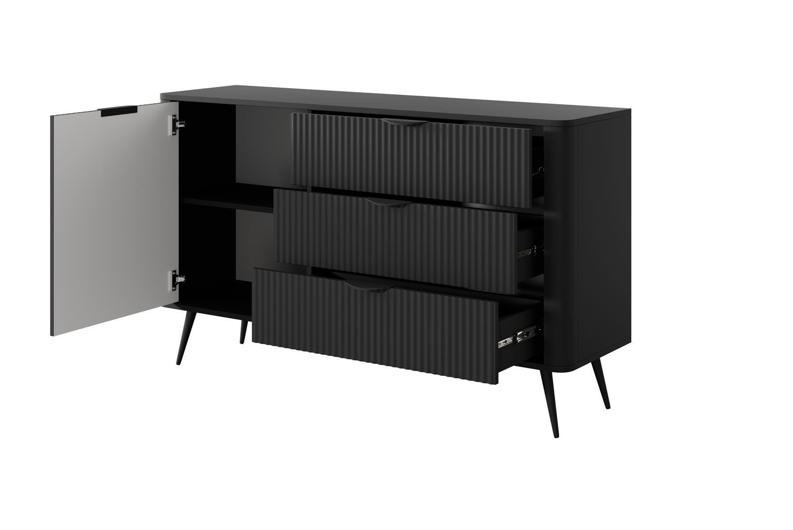 KOMMODE Lante, Schwarz, Eintürig, Drei Schubladen, Geriffelte Fronten - Schwarz, Holzwerkstoff (138/81/38cm) - Bettso
