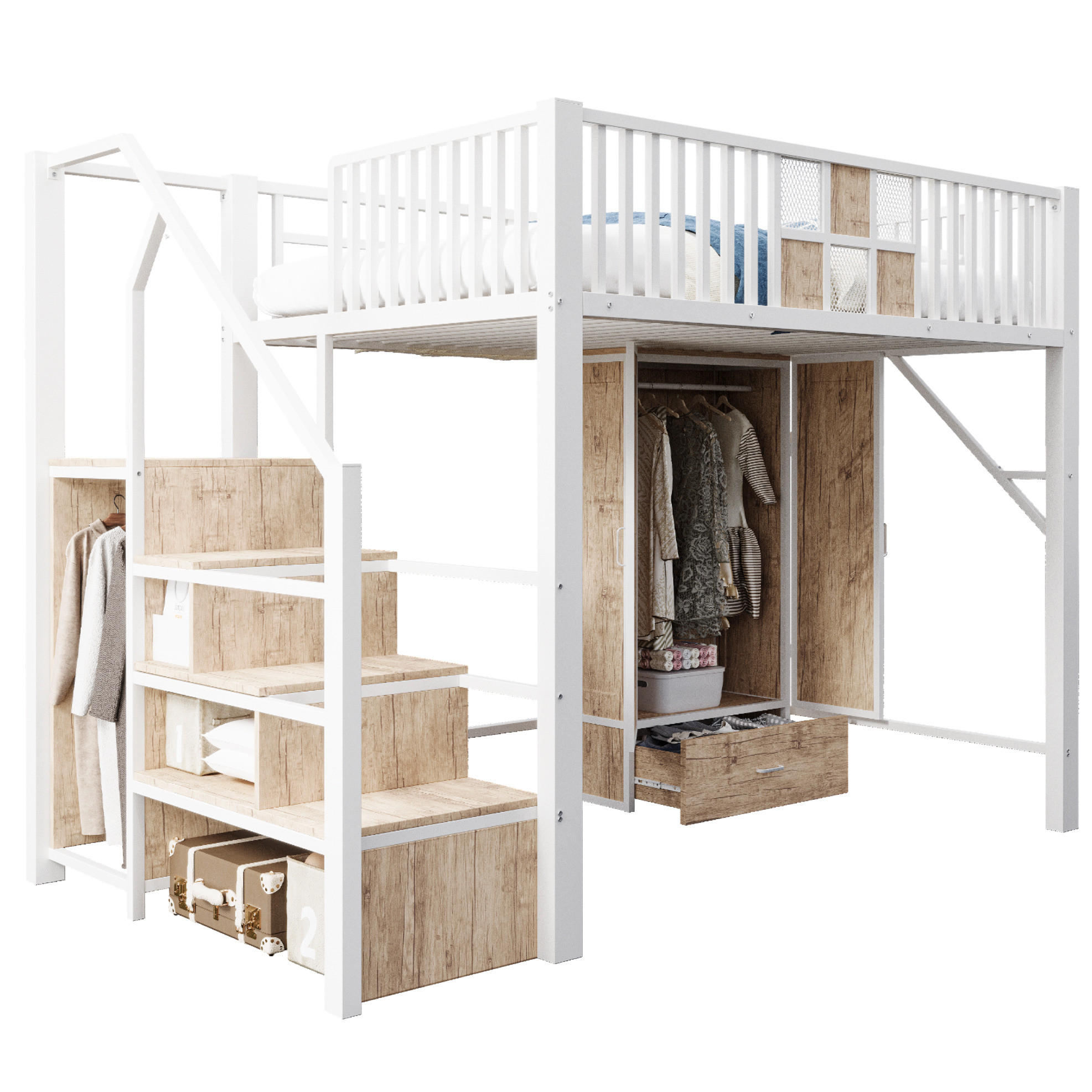 HOCHBETT 140/200 cm aus Metall und Holz mit Kleiderschrank und Aufbewahrungsleiter Weiß - Weiß, Metall (140/200cm) - Modenvie