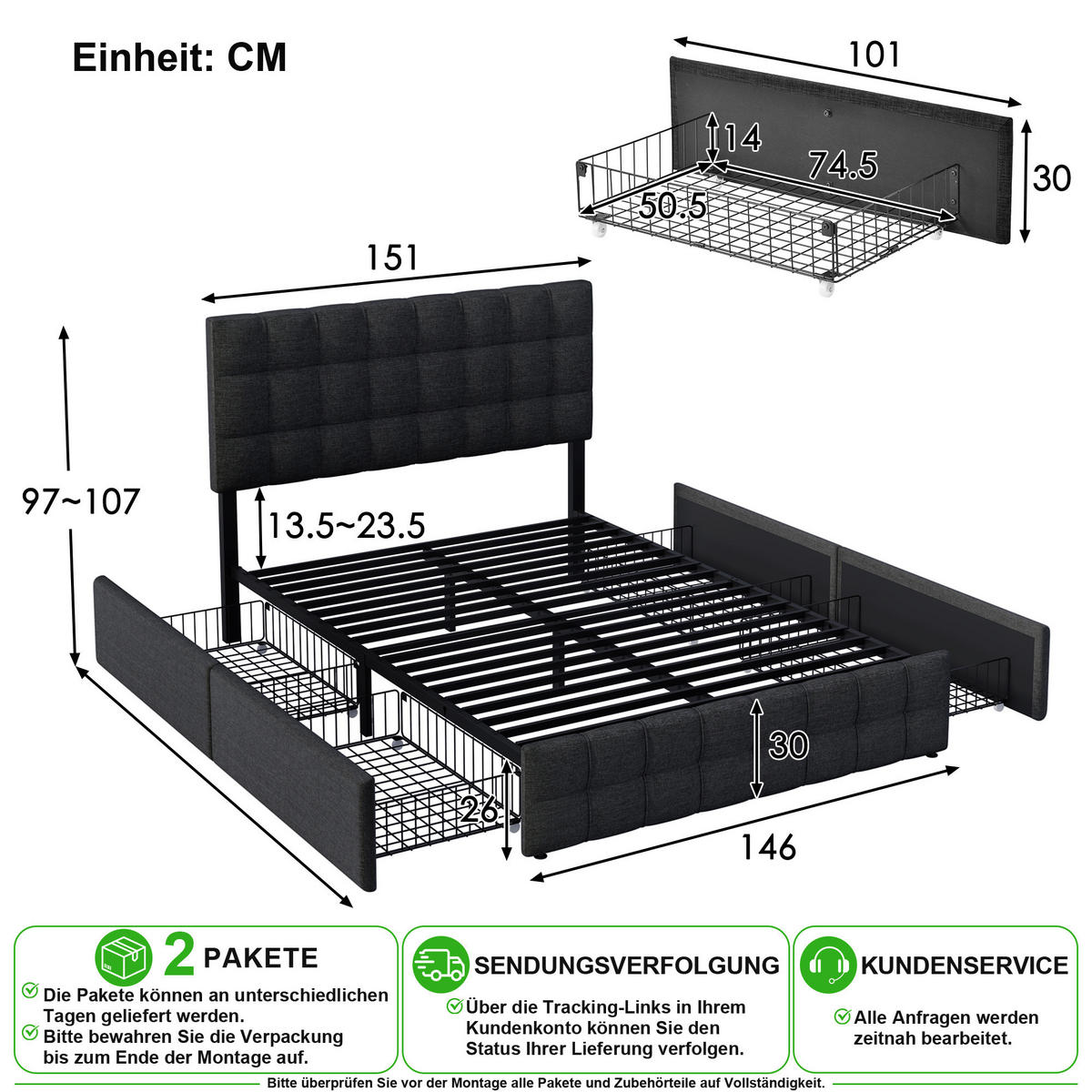 POLSTERBETT 140/200 cm in Schwarz mit 4 Schubladen und Verstellbarem Kopfteil Leinen - Schwarz, Holzwerkstoff/Textil (140/200cm) - CHICFURN