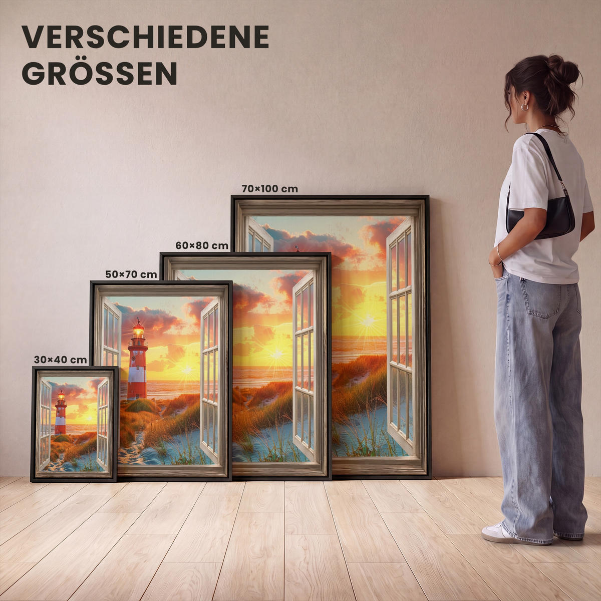 LEINWAND Bilder mit Rahmen - Aussicht - Fenster - Leuchtturm - Sonnenuntergang - Strand - 30x40 - Dunkelorange, Textil (30/40cm) - MuchoWow