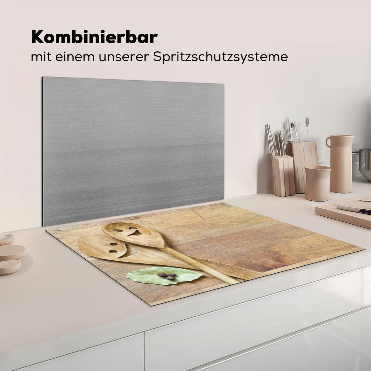 HERDABDECKPLATTE Holz - Löffel - Braun - Smiley Induktionsmatte 77x59 cm - Hellbraun, Kunststoff (77/59/0.2cm) - MuchoWow
