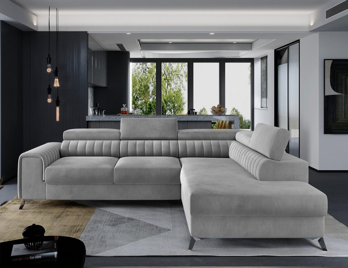 ECKSOFA Laurence mit Schlaffunktion & Bettkasten – 278 x 205 cm, verstellbare Kopfstützen - Grau, Kunststoff (278/205cm) - Wohnideebilder