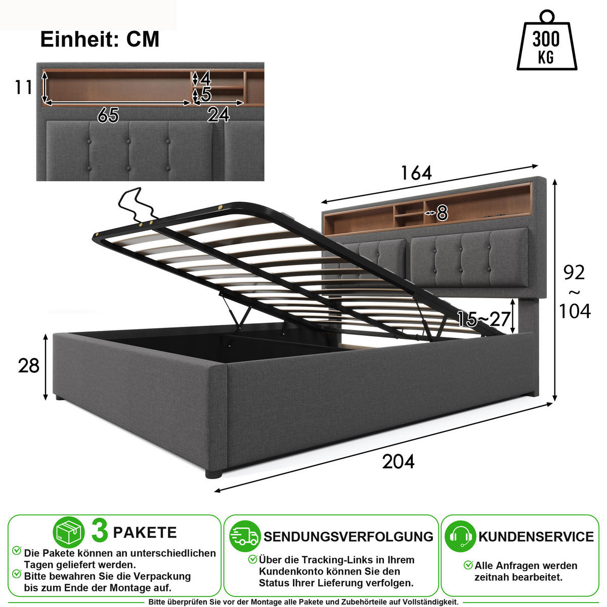 POLSTERBETT 160/200 cm in Grau Leinen mit Bettkasten, USB, Type-C und Matratze - Grau, Holzwerkstoff/Textil (160/200cm) - CHICFURN