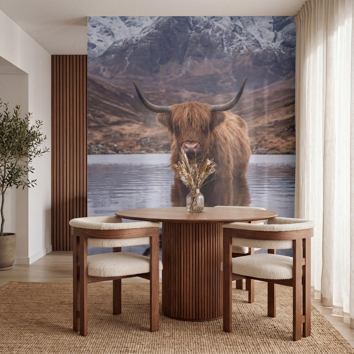TAPETE - Schottischer Hochländer - Braun - Wasser - 180x220 cm - Braun, Papier (180/220cm) - OnlyWow