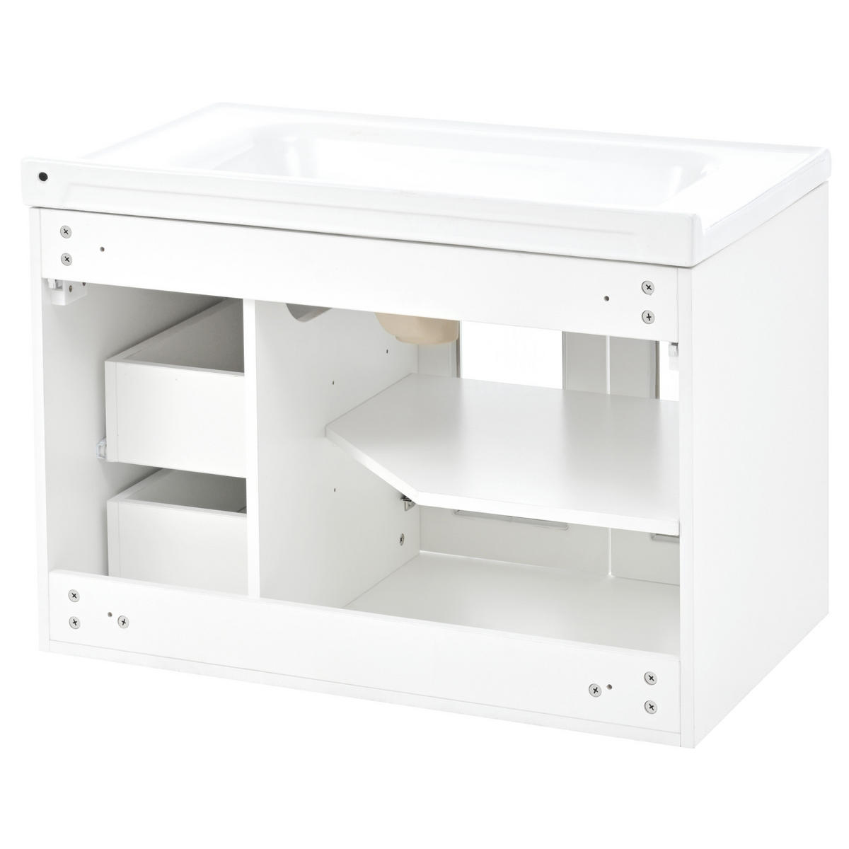 WANDMONTIERTER Badschrank mit Keramikwaschbecken 80x50x58 cm Weiß, 2 Schubladen, verstellbare Einlegeböden, modernes Design - Weiß, Holzwerkstoff (80/58/50cm) - Modfu