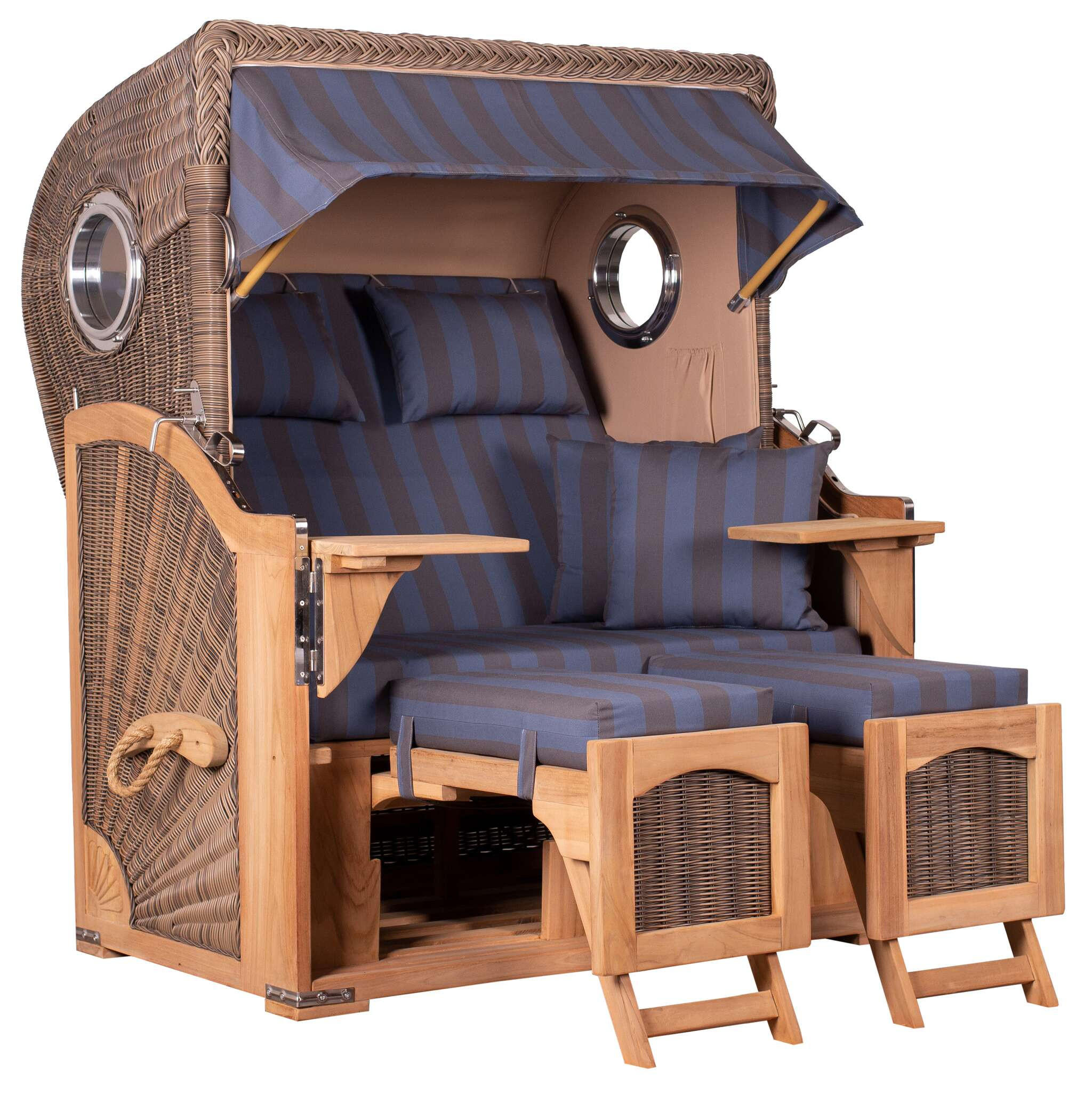 STRANDKORB Düne 2 Sitzer Teak PE Grey - Blaugrau/Braun, Holz/Metall (125/170/80cm) - Mr. Deko