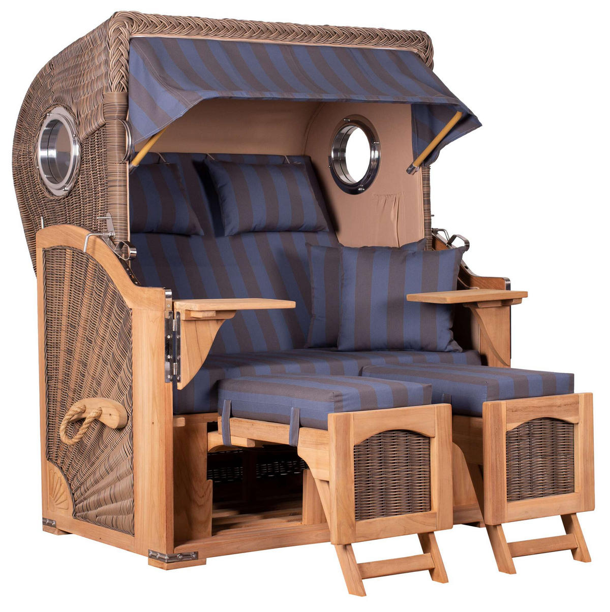 STRANDKORB Düne 2 Sitzer Teak PE Grey - Blaugrau/Braun, Holz/Metall (125/170/80cm) - Mr. Deko