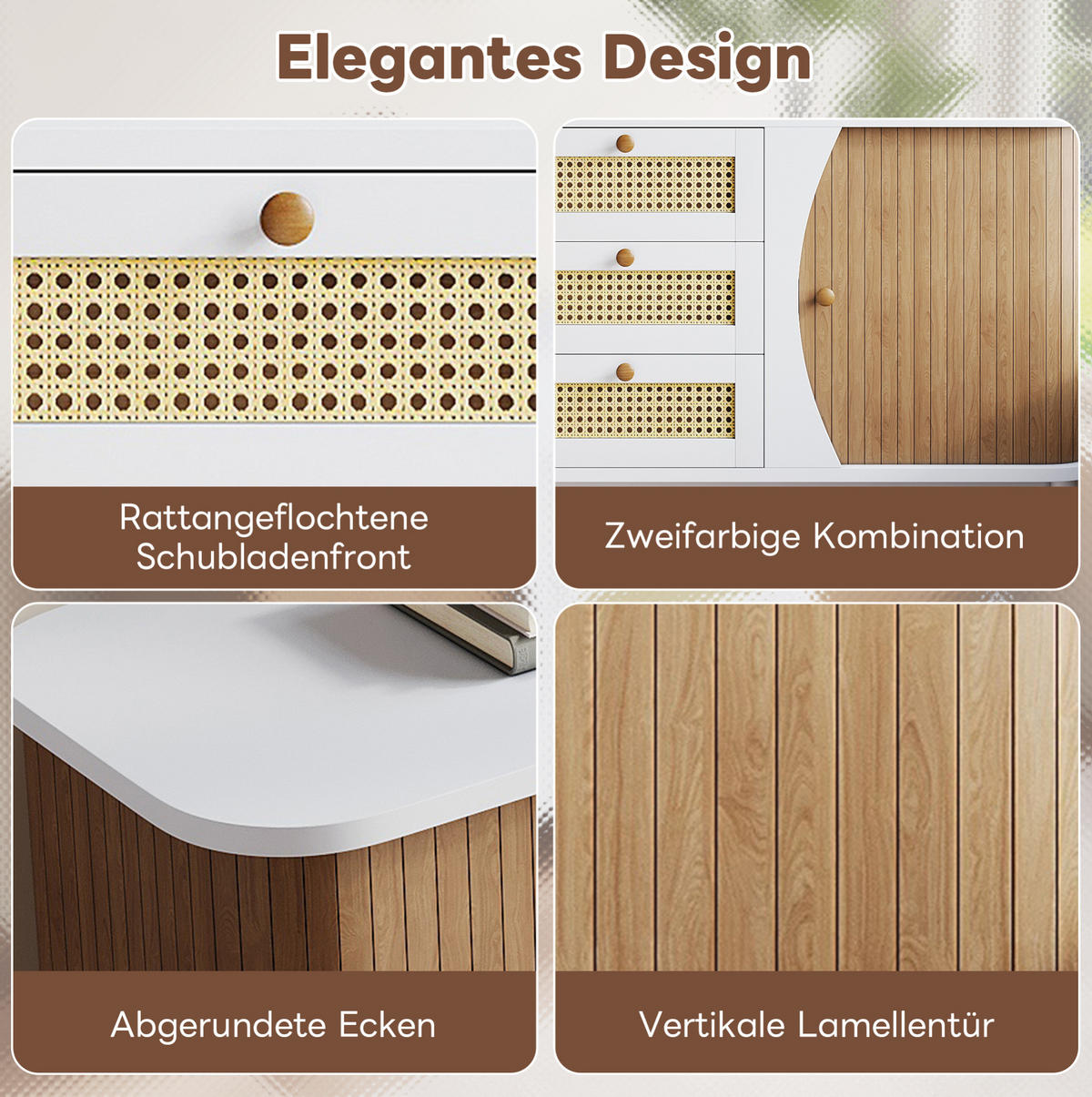 SIDEBOARD 140,5/40/76 cm mit 3 Rattanschubladen und verstellbaren Einlegeböden aus MDF und Spanplatte, Weiß/Holzfarbe - Weiß, Holzwerkstoff (140.5/76/40cm) - Redom