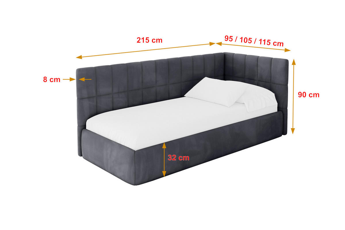 EINZELLBETT Jugendbett mit Bettkasten, Links - TULY 90x200 Dunkelgrau - Dunkelgrau, Holzwerkstoff/Textil (90/200cm) - ALTDECOR