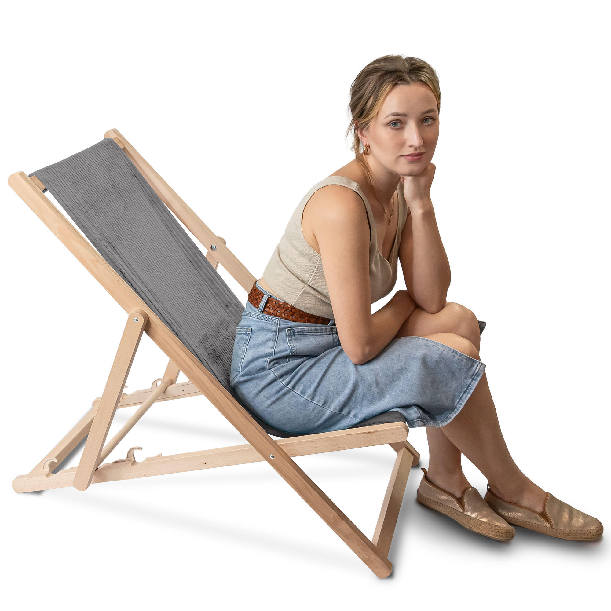 HOLZLIEGESTUHL klappbar Buchenholz Cord-Gewebe Frost Grey M - Grau, Holz/Textil (54/85/92cm) - Dreamroots