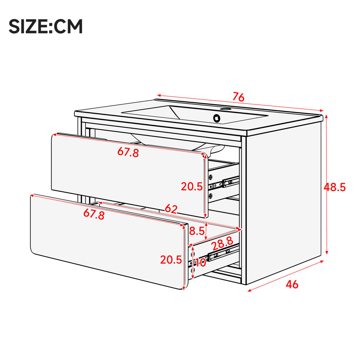 ZÁVĚSNÁ koupelnová skříňka z MDF 76x46x48,5 cm bílá s keramickým umyvadlem, LED senzorovým osvětlením a 2 zásuvkami - bílá, kompozitní dřevo (76/58.5/46cm) - Modfu