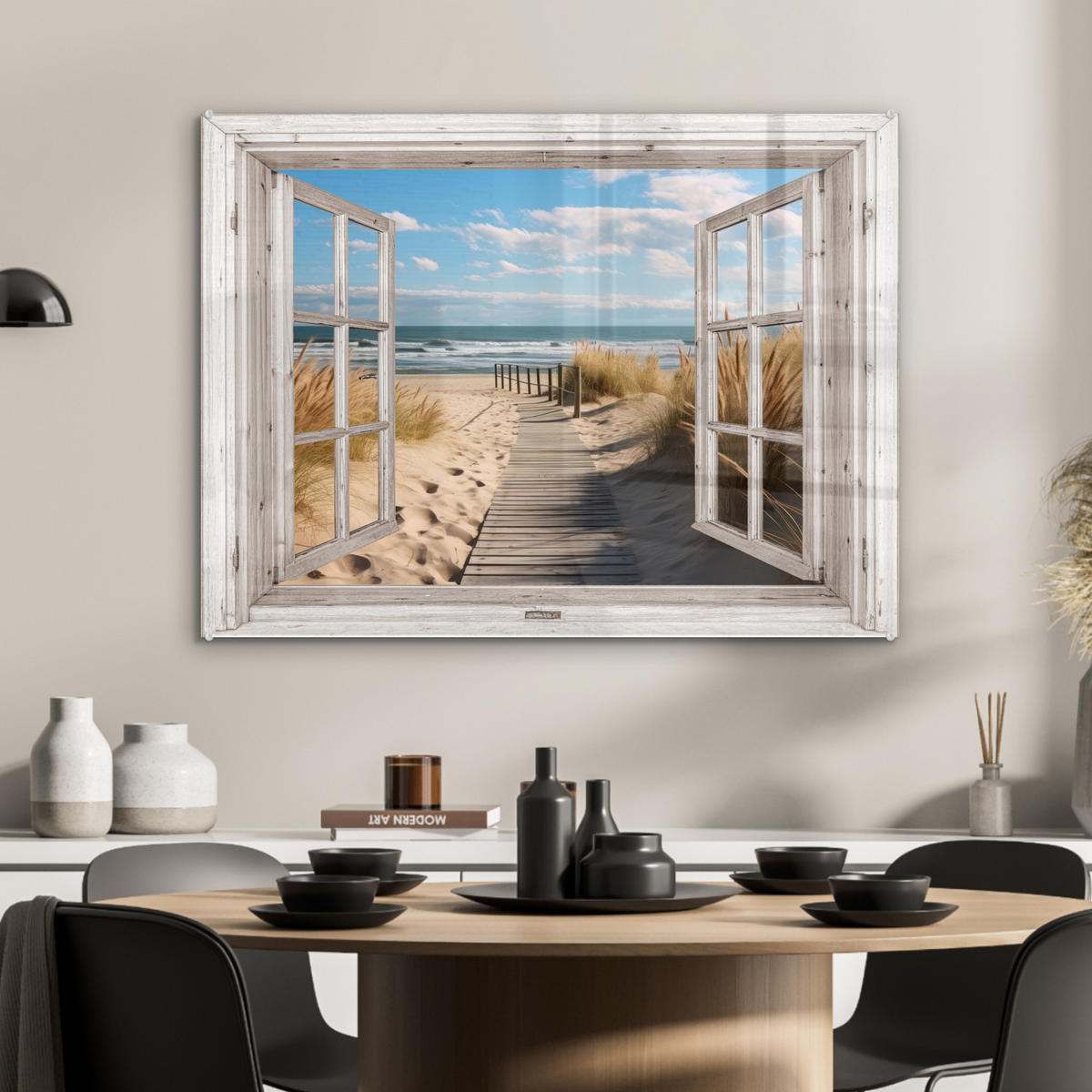 ACRYLGLASBILD Fenster - Meer - Küste - Natur - Ausblick - Strand - Wattenmeer 80x60 cm - Beige, Glas (80/60cm) - MuchoWow