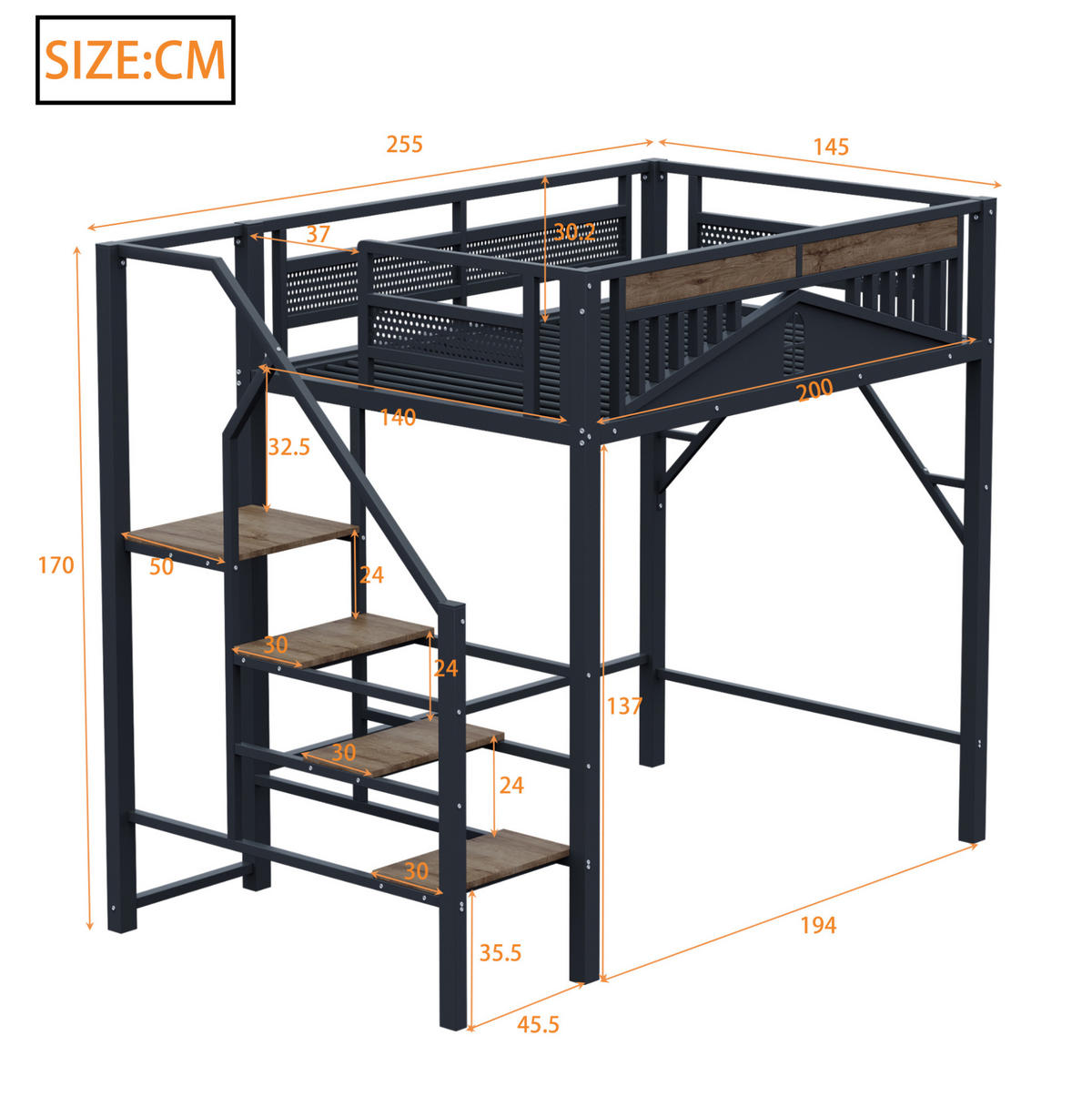 HOCHBETT 140/200 cm mit Sicherheitsleiter, Fensterdesign und Stauraum, Schwarz - Schwarz, Metall (140/200cm) - Redom
