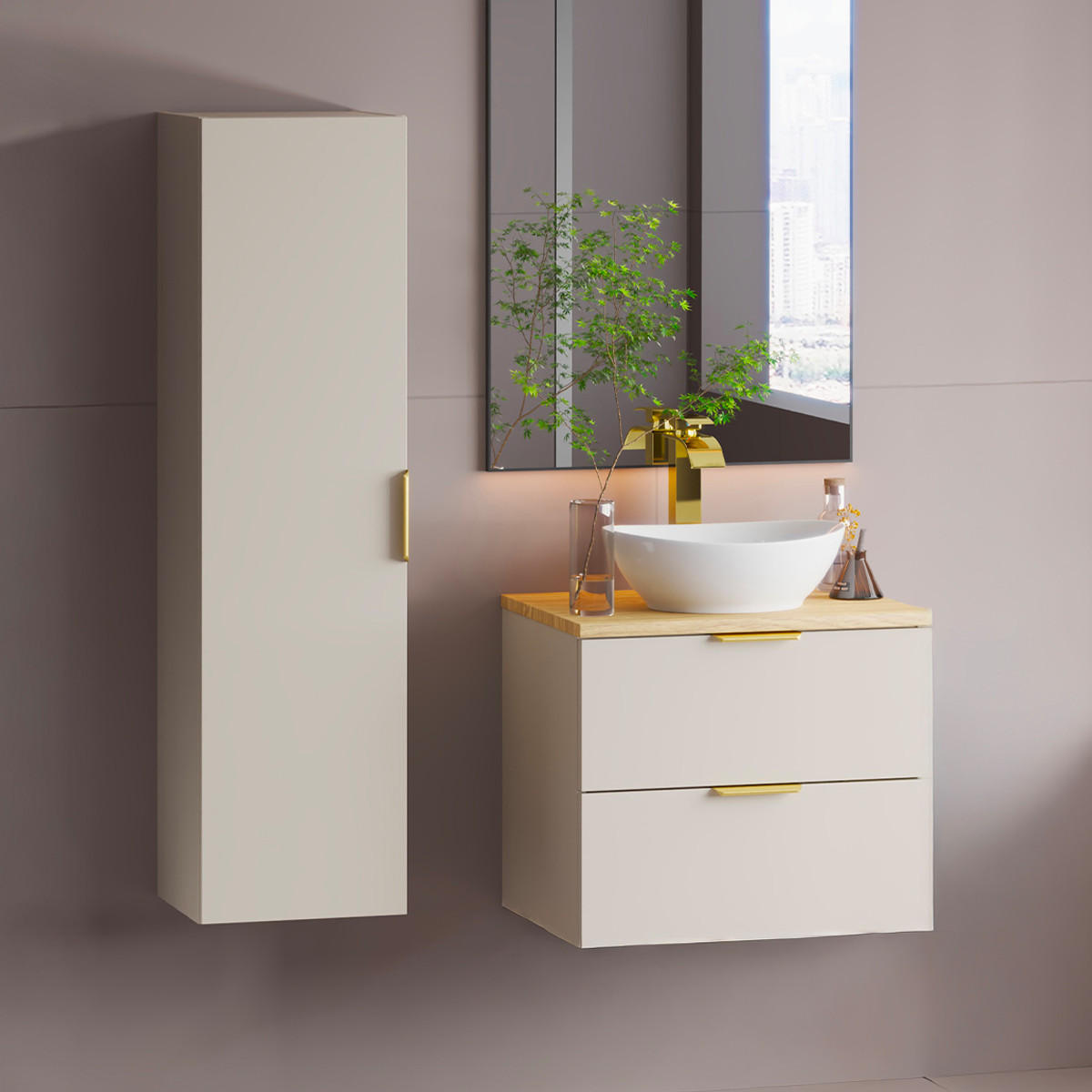 BADMÖBEL 60.6cm Astrid 2er-Set Kaschmir und Holz - Beige, Holzwerkstoff (60.6/52.2/46.5cm) - Petits-meubles