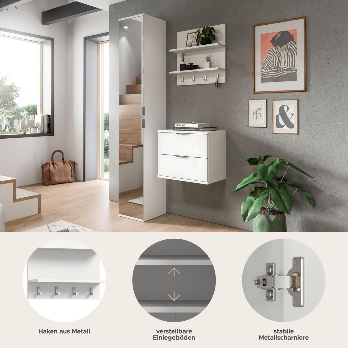 GARDEROBENKOMBINATION 3tlg. Projekt X Garderobe in weiß Nb. und weiß hochglanz B/H/T: 82x193x34 cm - Weiß, Holzwerkstoff (82/191/37cm)