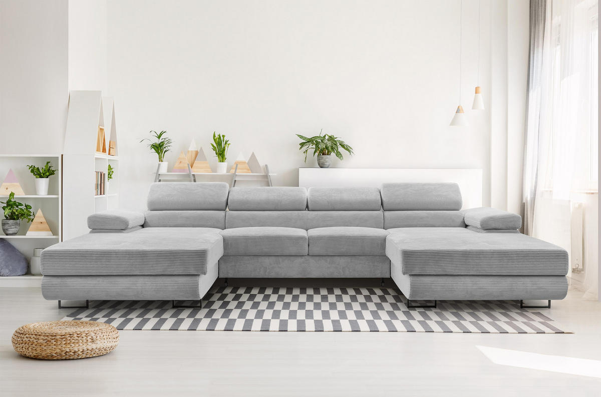 WOHNLANDSCHAFT Arborio Hellgrau 352/202/90 cm mit Schlaffunktion - Hellgrau/Schwarz, Textil/Metall (352/90/202cm) - AX Living