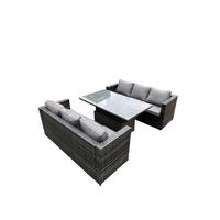 GARTENSOFA SET Polyrattan 6-Sitzer - Dunkelgrau/Grau, Glas/Kunststoff - Fimous