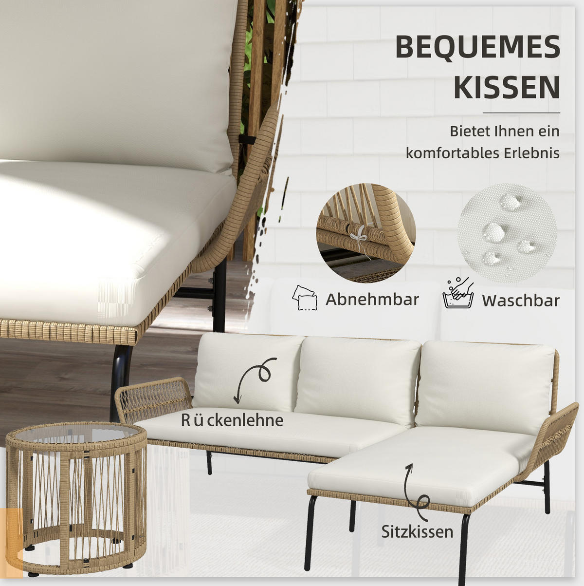 GARTENMÖBEL-SET 71/129/75 cm cremeweiß aus PE-Rattan mit Sonnenliege, Zweisitzer-Sofa und Tisch - Weiß, Textil - OKWISH
