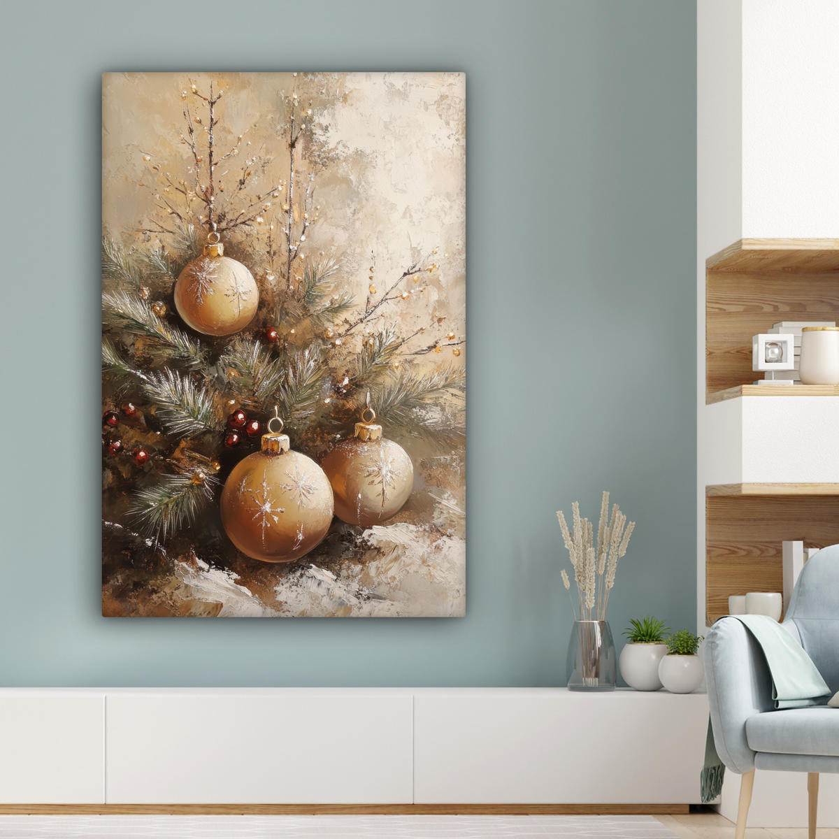 LEINWANDBILD Weihnachten - Kugeln - Beige - Gold Deko XXL 80x120 cm - Goldfarben, Textil (80/120cm) - MuchoWow