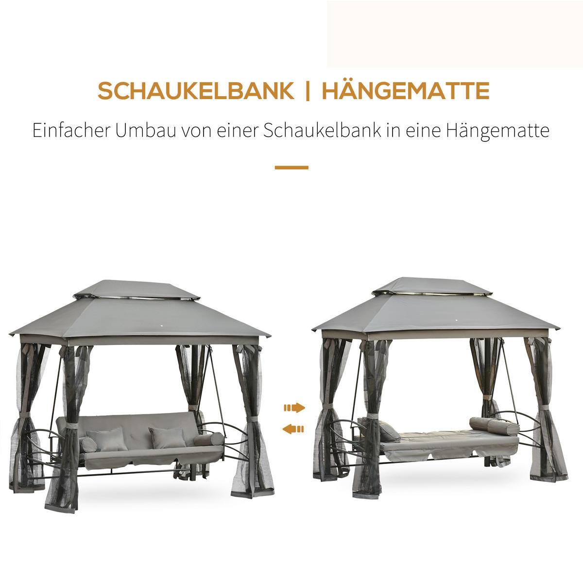 HOLLYWOODSCHAUKEL DE-06976 3-Sitzer, mit Seitenwänden & Moskitonetz, Liegefunktion Grau - Dunkelgrau, Metall (256/248/172cm) - ComfortXL