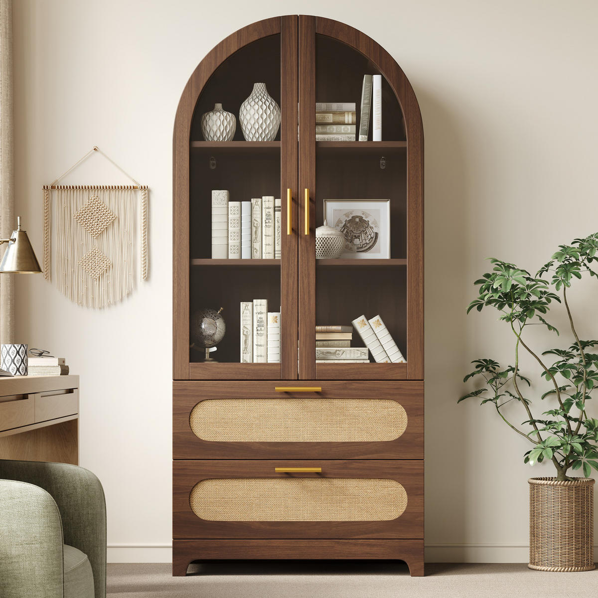 VITRINE mit Glastüren 80 x 40 x 175 cm Holzoptik 2 Schubladen - Braun, Holzwerkstoff (40/175/80cm) - Meubliv