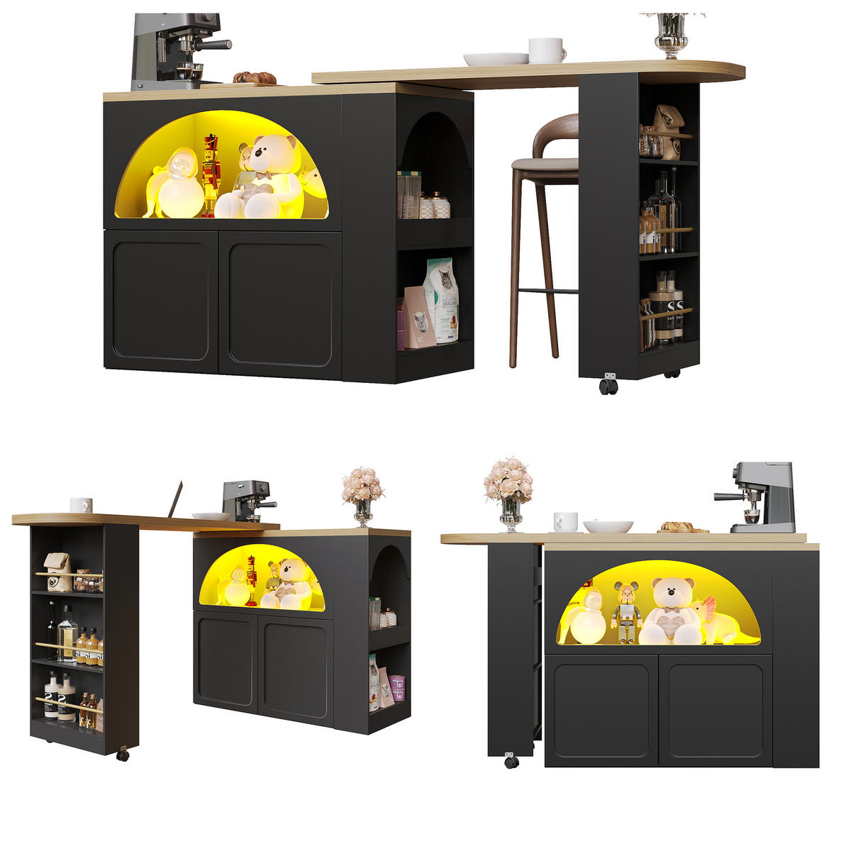 BARTISCH Ausziehbar 138-220cm Holzoptik mit Weinregal & Schubladen - Schwarz, Holzwerkstoff (39/205/100cm) - Urban Meuble