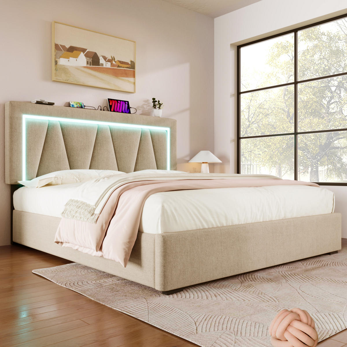 POLSTERBETT 160/200 cm beige mit USB- und Type-C-Anschlüssen und LED-Beleuchtung - Beige, Textil (160/200cm) - OKWISH