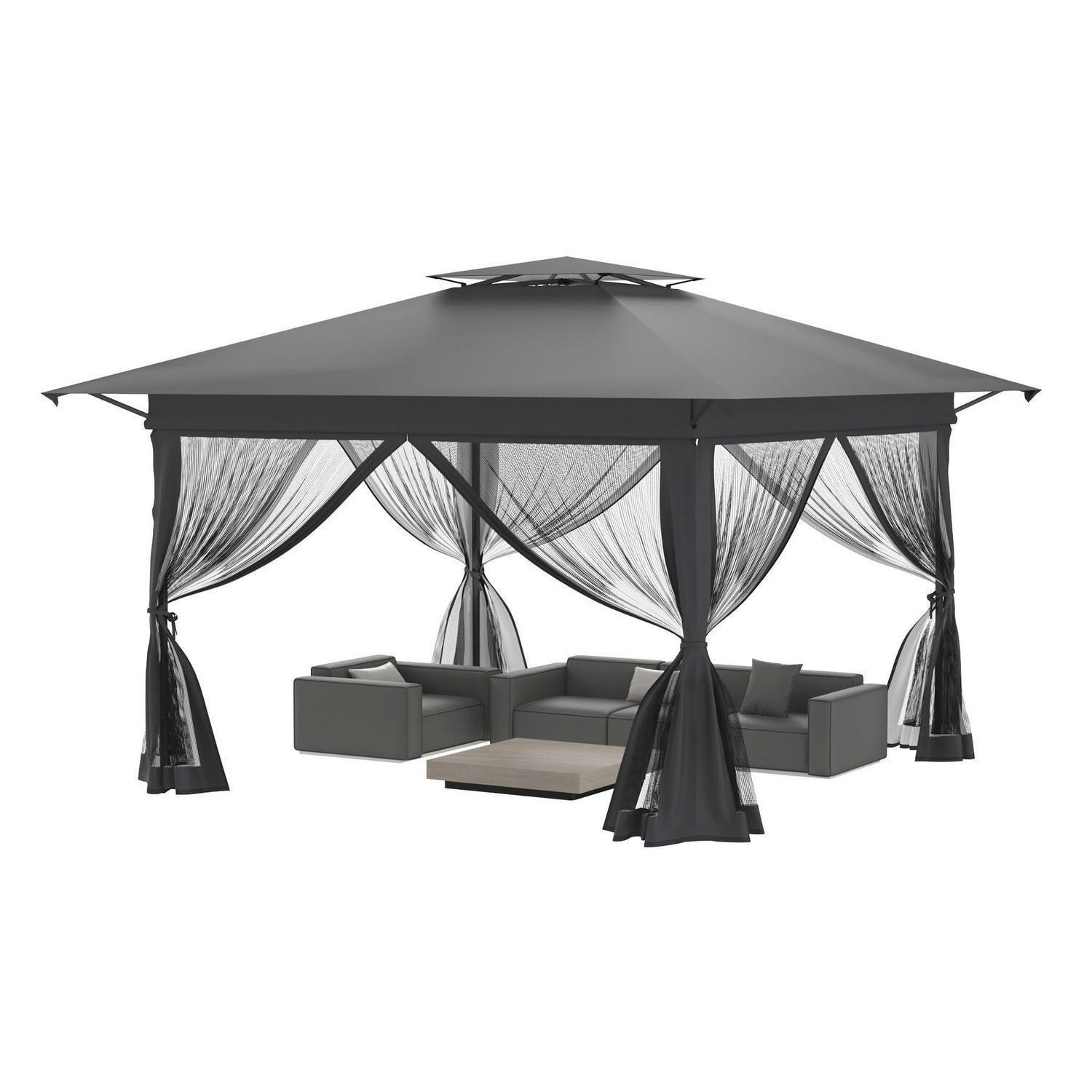 GARTENPAVILLON 4x4m Pop-up Anthrazit Höhenverstellbar mit Moskitonetz - Anthrazit, Metall (300/285/400cm)