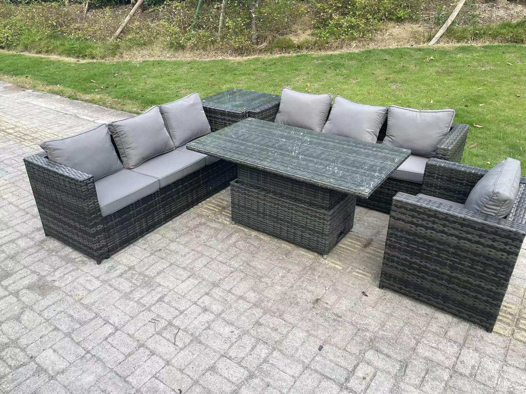 GARTENMÖBEL HÖHENVERSTELLBARER ESSTISCH SET Polyrattan 7-Sitzer - Dunkelgrau/Grau, Glas/Kunststoff - Fimous