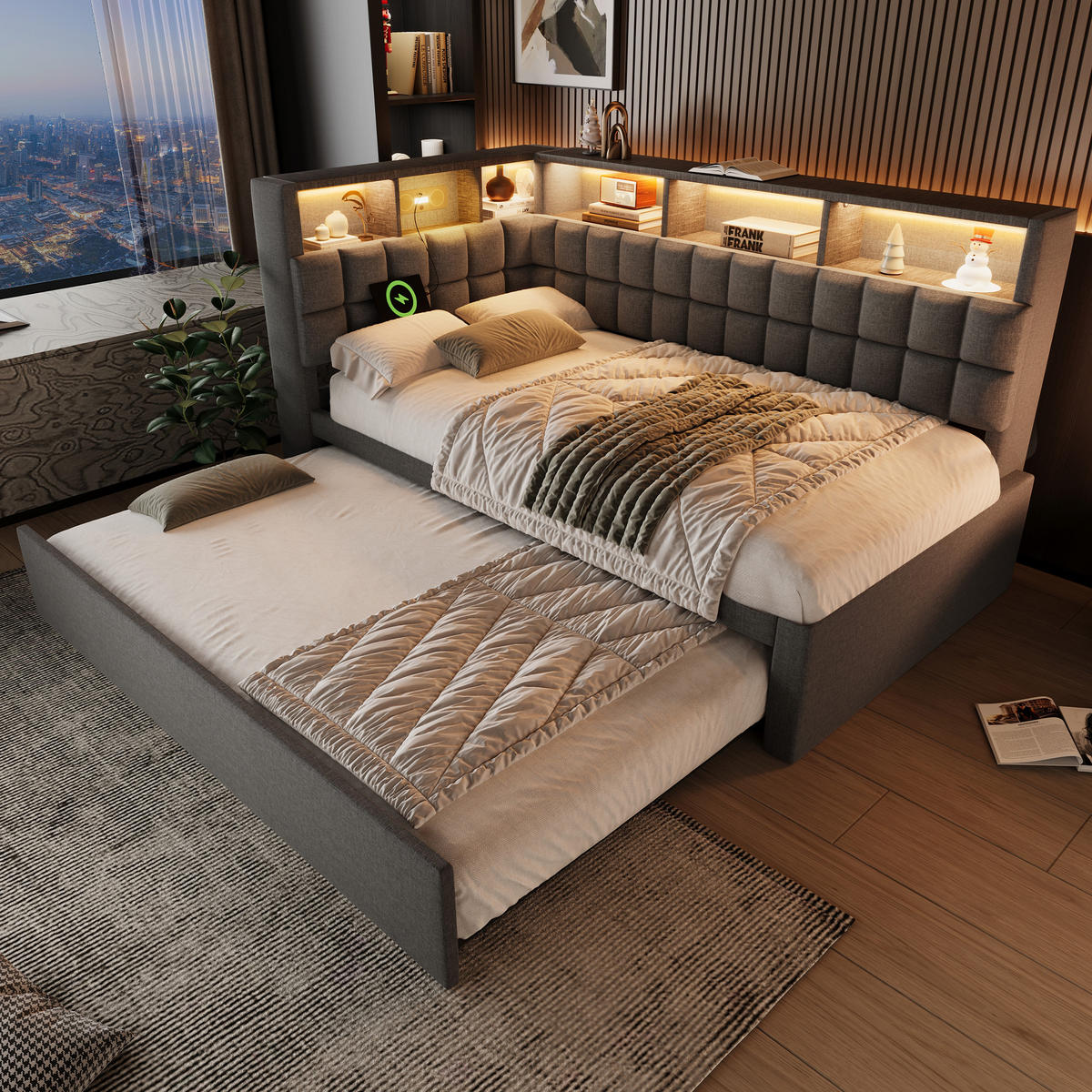 AUSZIEHBETT 90/200 cm DE-00770, in Grau, LED und L-Kopfteil - Grau, Holz (90/200cm) - ComfortXL