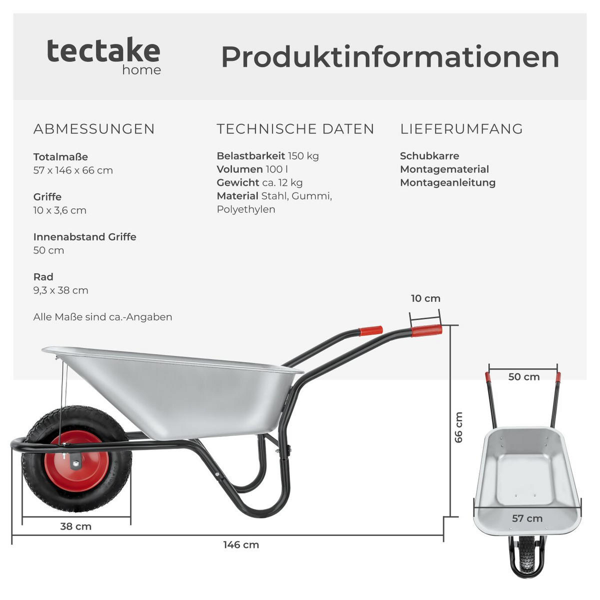 SCHUBKARRE Oskar, Belastbarkeit 150 kg, silber - Silberfarben, Metall (57/66/146cm) - tectake