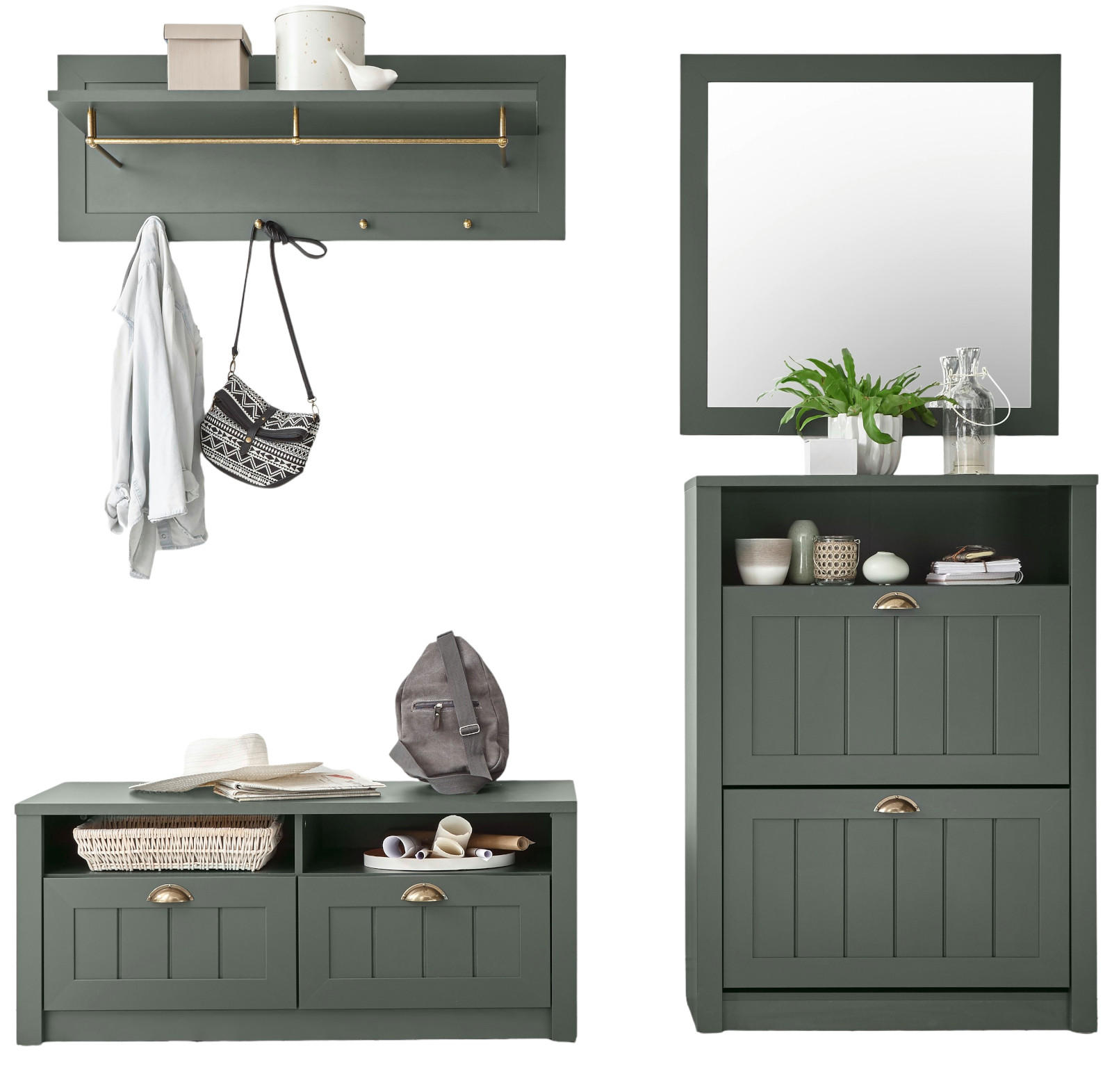 GARDEROBENKOMBINATION grün, Landhausstil, Garderobe Set 4-teilig 212 x 198 cm - Dunkelgrün/Goldfarben, Holzwerkstoff/Kunststoff (213/198/43cm) - Furn.Design
