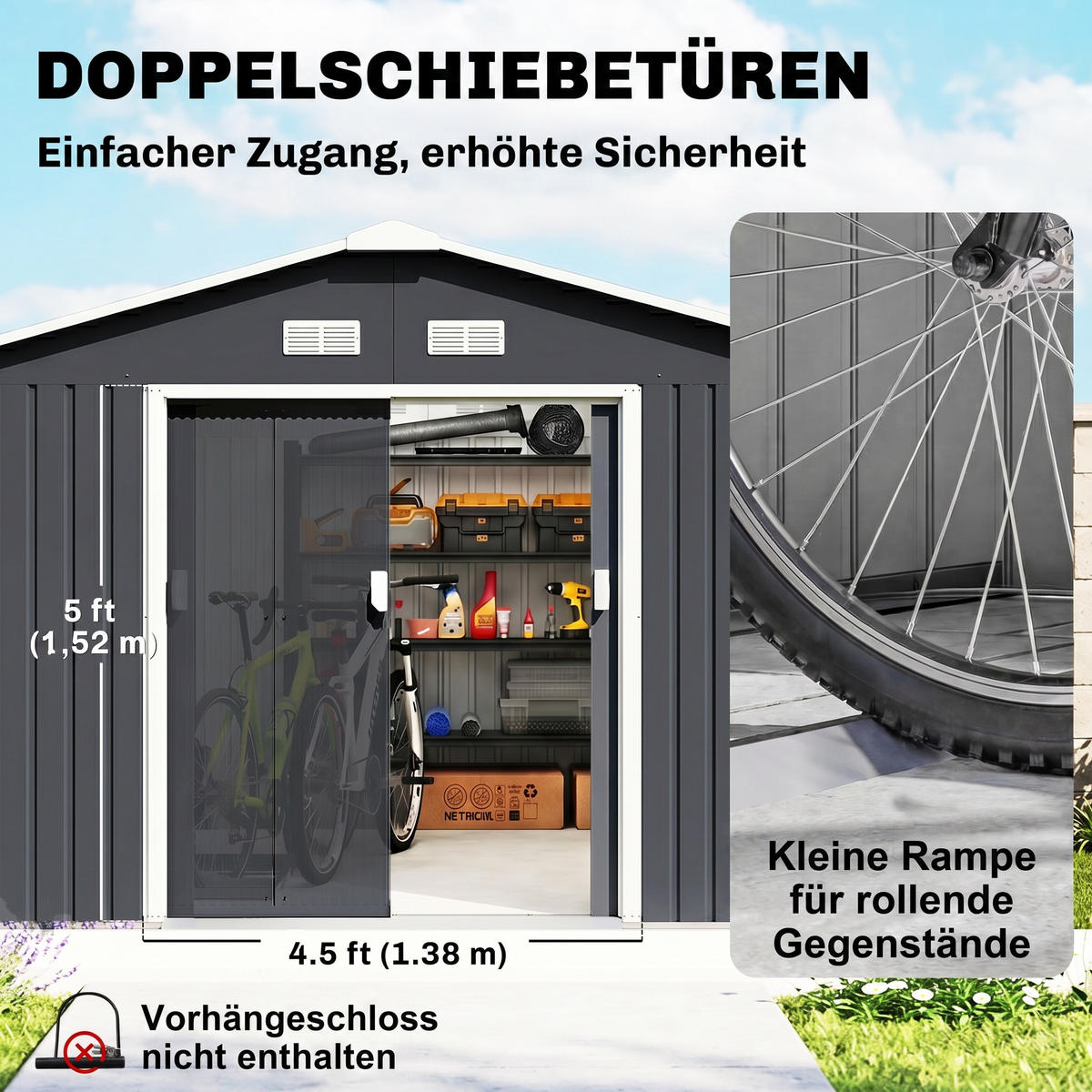 GERÄTESCHUPPEN DE-08085 mit Schiebetüren & Belüftungsfenstern Kohlegrau - Dunkelgrau, Metall (386/200/340cm) - ComfortXL