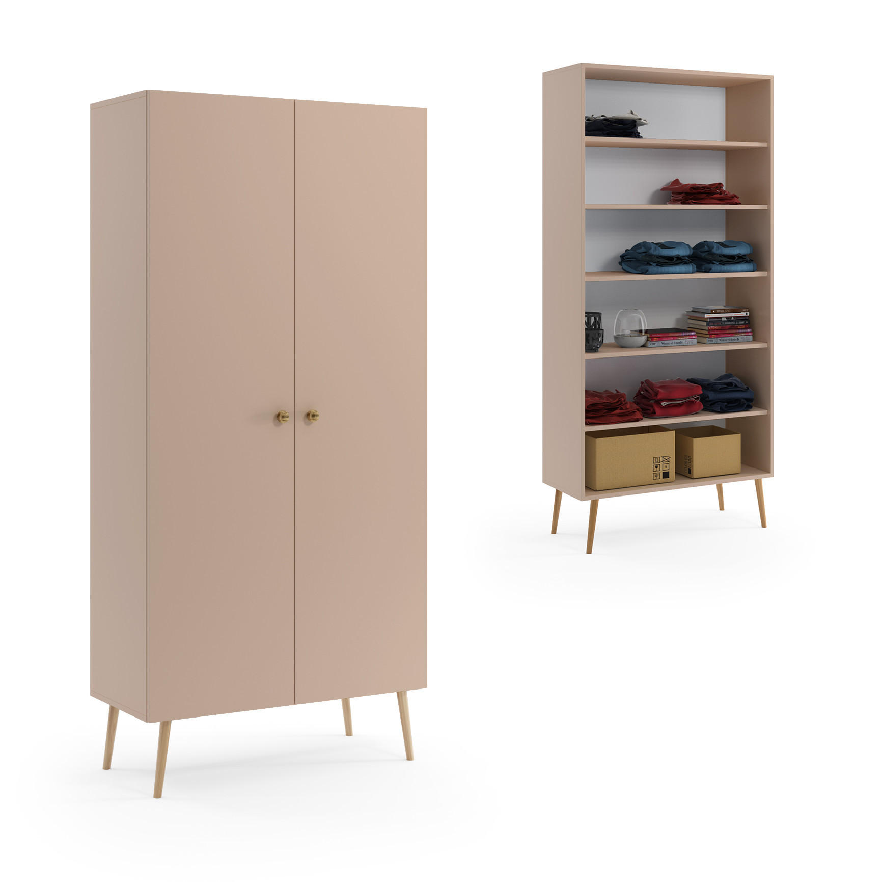 SCHRANK Macchiato Boho Tiefe Holzbeine 5 Regale Mit Regalen - Beige, Holzwerkstoff (87/212/41cm) - Sepro Meble