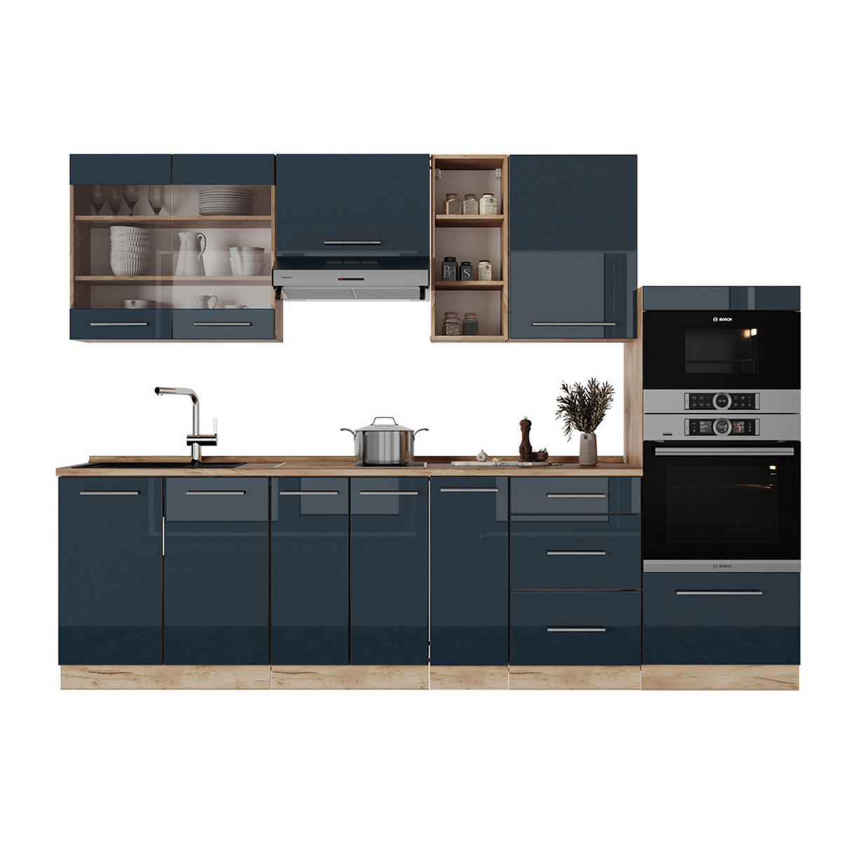 KÜCHENZEILE Fame-Line Dunkelblau Hochglanz/Goldkraft Eiche 280 cm ohne AP - Honigeiche/Dunkelblau, Holzwerkstoff (280/81.6/46cm) - Vicco