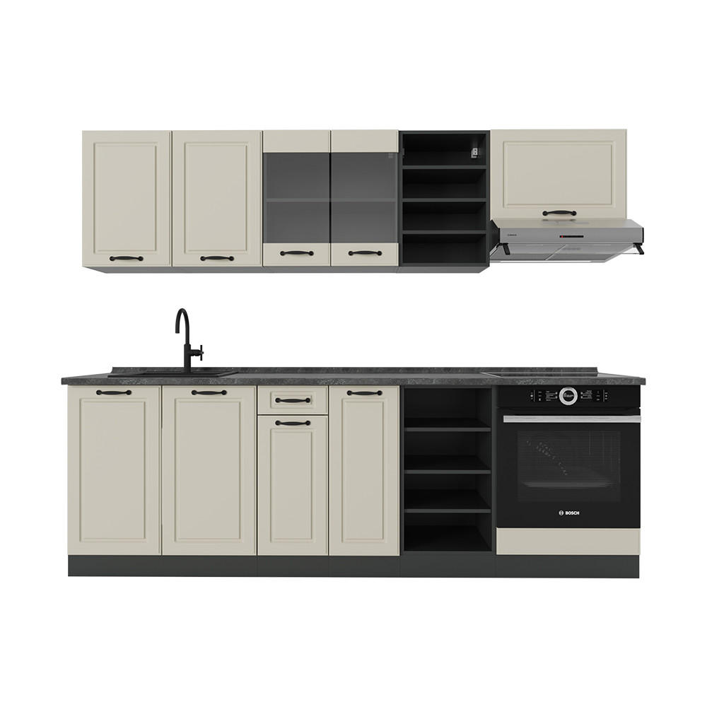 KÜCHENZEILE R-Line, Sand Landhaus/Anthrazit, 240 cm Arbeitsplatte Anthrazit - Beige/Anthrazit, Holzwerkstoff (240/206.8/60cm) - Vicco