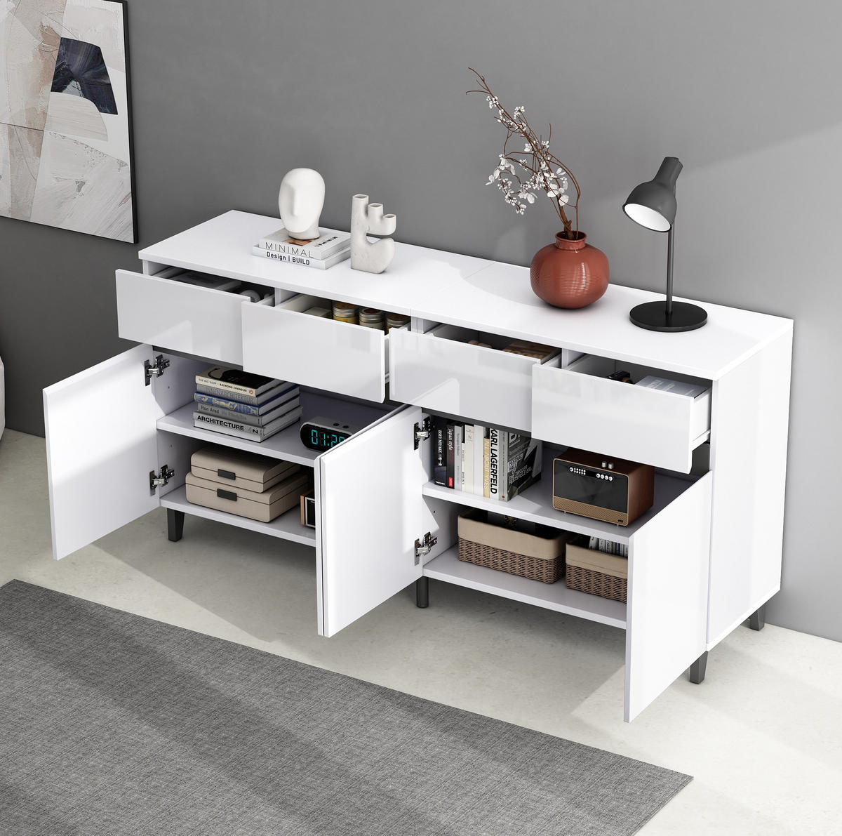 SIDEBOARD, 160/40/68 cm, bílý, dřevotříska, s vysokým leskem a 4 zásuvkami - bílá, kompozitní dřevo (160/68/40cm) - BEAOK