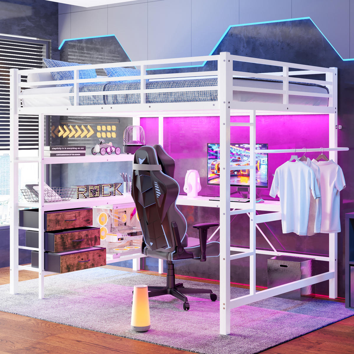 HOCHBETT 140x200cm Weiß LED-Licht Schreibtisch USB 3 Schubladen - Weiß, Metall (140/200cm) - FLIEKS