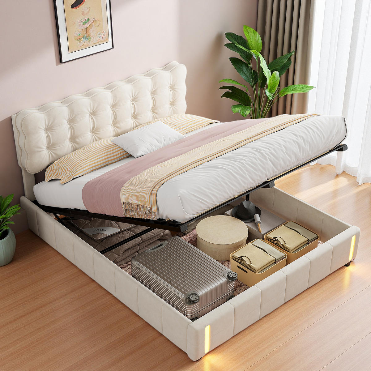 POLSTERBETT 140x190 cm LED Stauraum Hydraulik Lattenrost Samt beige - Beige, Holz (140/190cm) - LEBENLANG