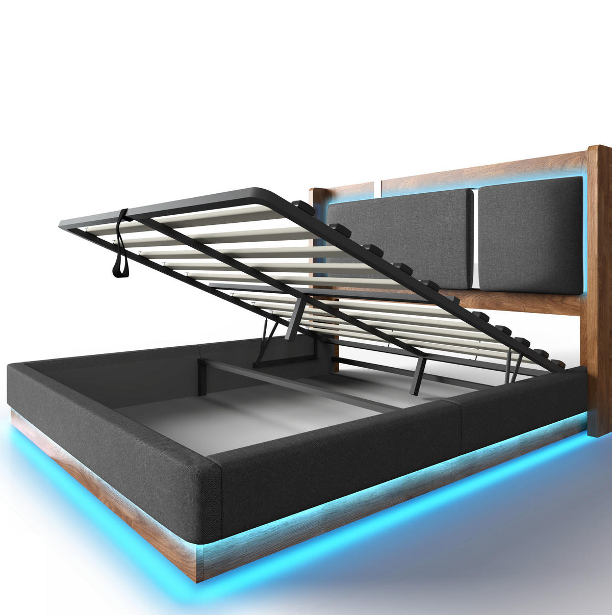 POLSTERBETT 160/200 cm Grau mit LED, Hydraulik und Bettkasten ohne Matratze - Grau, Textil (160/200cm) - MIVRAY