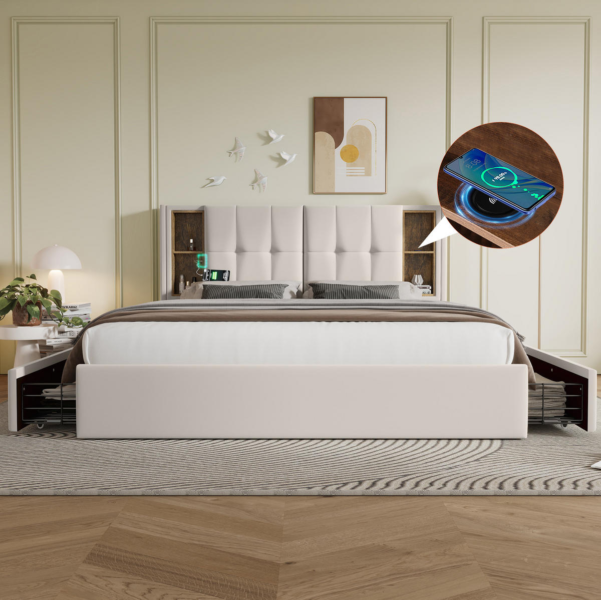 ČALÚNENÁ posteľ 160/200 cm s bezdrôtovým nabíjaním, USB a 4 zásuvkami, zamatová, Béžová - béžová, textil (160/200cm) - Redom